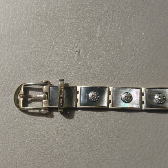 Hendi Bendal Hinge Belt Buckle Bracelet MOP Signature Logo Gold Tone Rhinestone - Picture 7 of 16